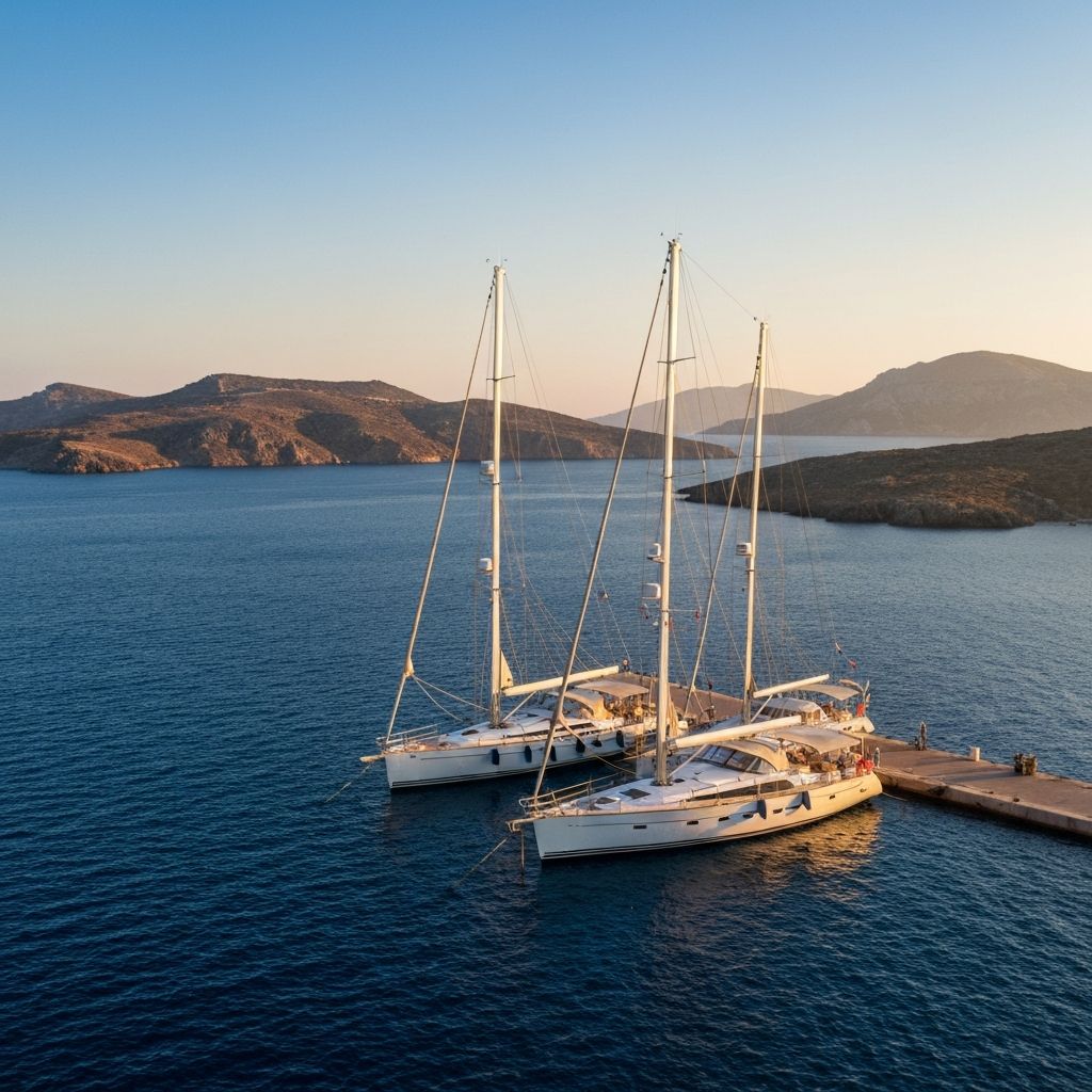Yachts moored at Kos Marina in bright daylight
